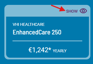Screenshot of a health insurance plan card for VHI Healthcare’s ‘EnhancedCare 250’ plan, showing a yearly cost of €1,242. A red arrow points to the ‘SHOW’ button with an eye icon in the top right corner, indicating the option to display or hide the plan for comparison.