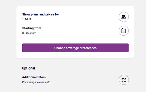 Screenshot of a health insurance comparison tool interface showing Step 3 and Step 4. Step 3 explains how to choose who is covered and the start date, with icons for adding people and selecting a calendar date. Step 4 shows filtering options, including price range, excess, insurer, and plan preferences, with a button labeled "Choose coverage preferences."