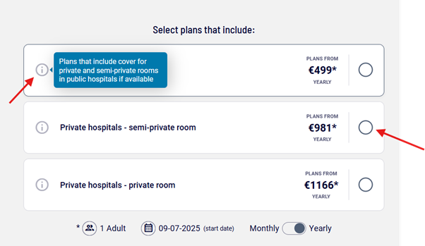 Screenshot of the Health Insurance Comparison Tool displaying selected cover levels for various coverage areas, with starting prices shown beside each option.