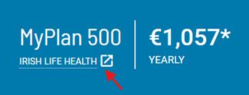 Graphic displaying the Irish Life Health MyPlan 500 plan with a yearly cost of €1,057. The plan name and insurer are prominently shown