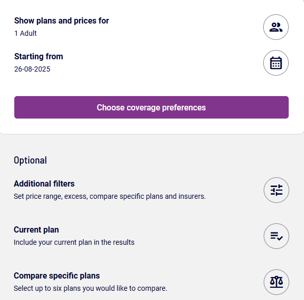 Insurance plan selection interface showing options to compare plans for 1 adult. Includes a purple 'Choose coverage preferences' button and optional filters for price range, excess, current plan, and comparing specific plans