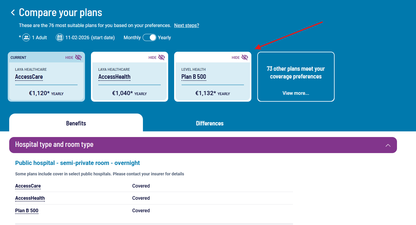 Screenshot of the Health Insurance Comparison Tool showing nine coverage areas listed, including everyday health expenses, hospital room and type, and joints and eyes. Each item has a question mark icon for more information and arrow buttons for ranking.